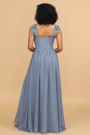 Gris Azul Espagueti Correas Largo Vestido de Dama de Honor
